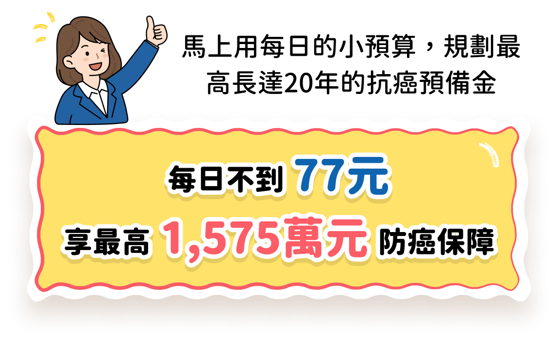 每日不到77元，享最高1,575萬元防癌保障