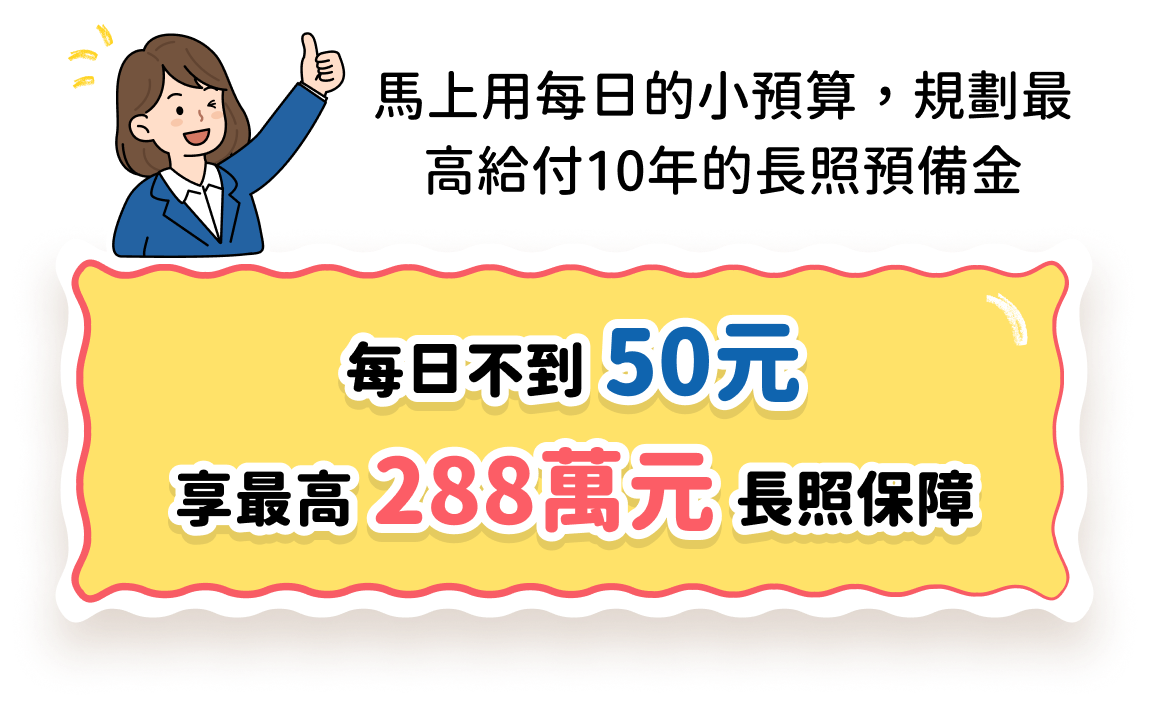 每日不到50元，享最高288萬元長照保障