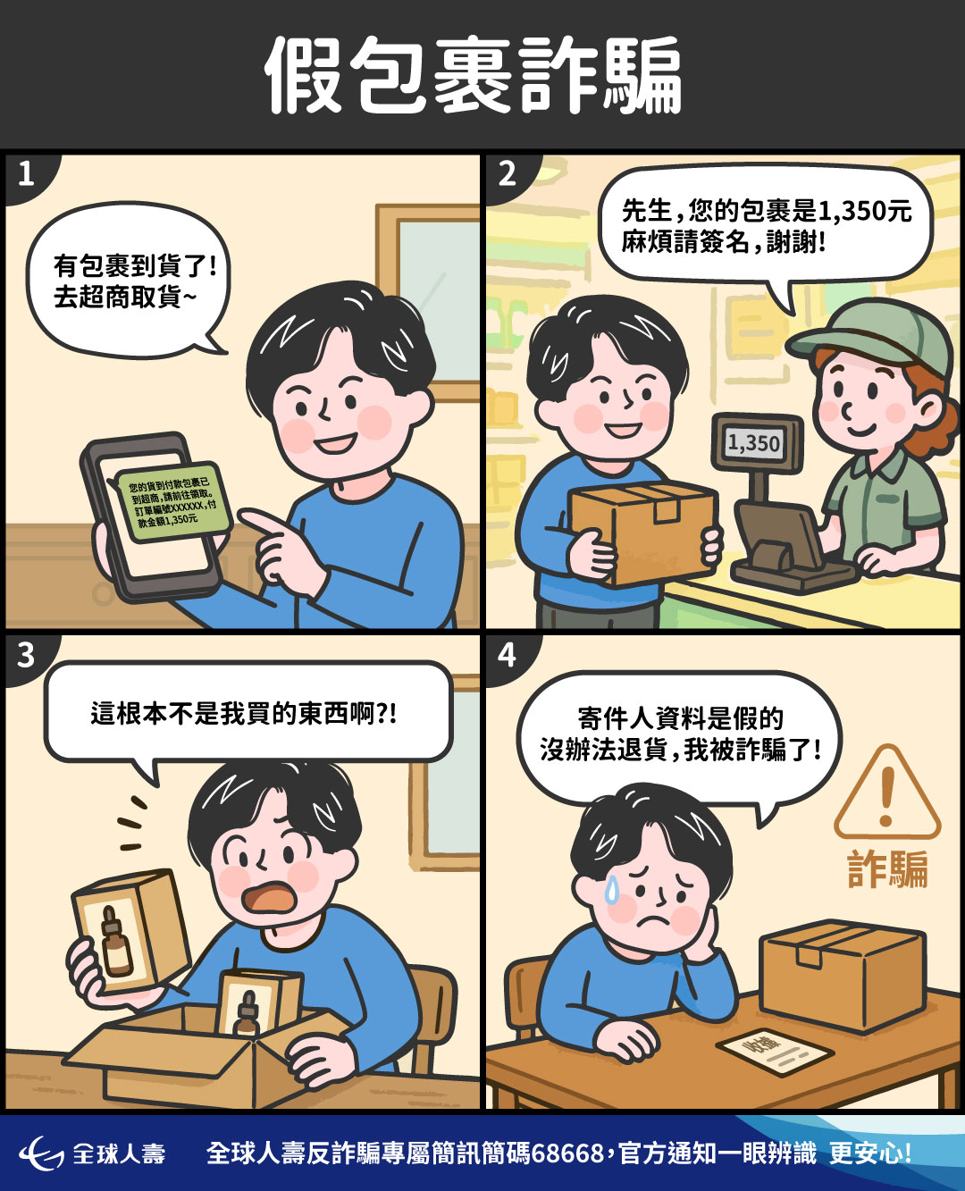 防詐宣導漫畫＞＞假包裹詐騙警報！